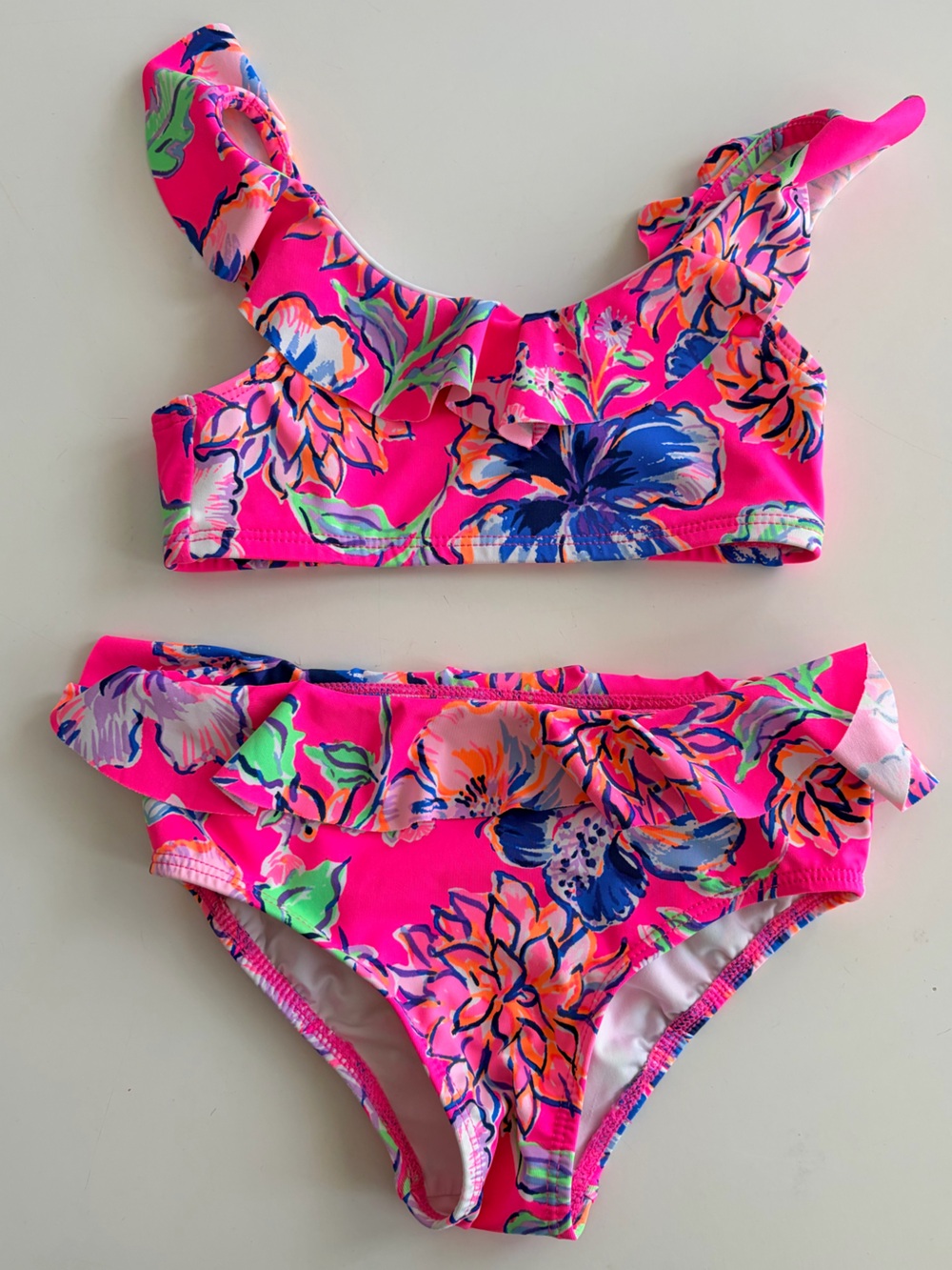 Lilly Pulitzer Neon Pink Floral Ruffle Bikini in Pink Isle Last Bud Not Least